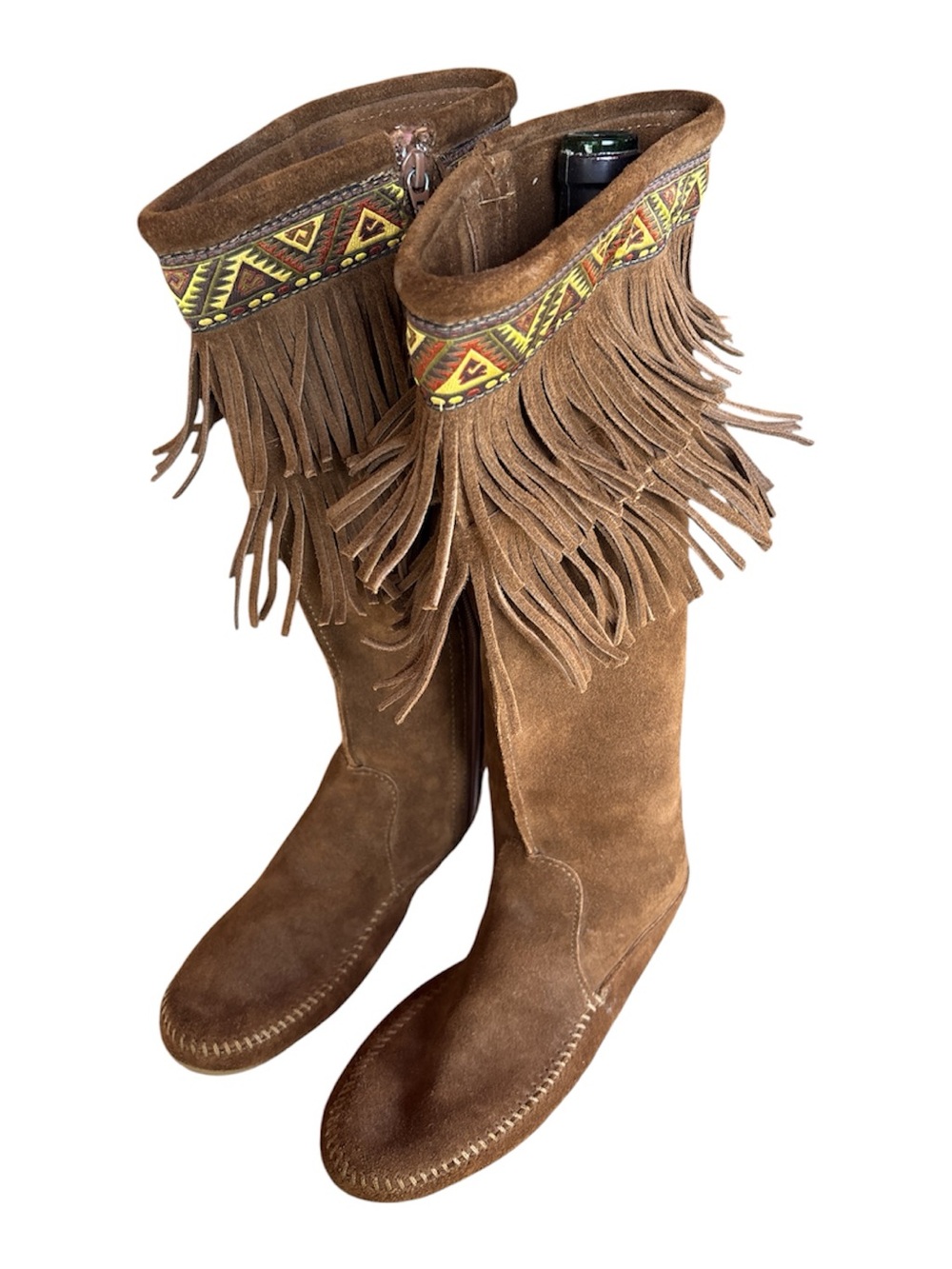 Minnetonka Brown Suede Fringe Knee Boots with Aztec Trim